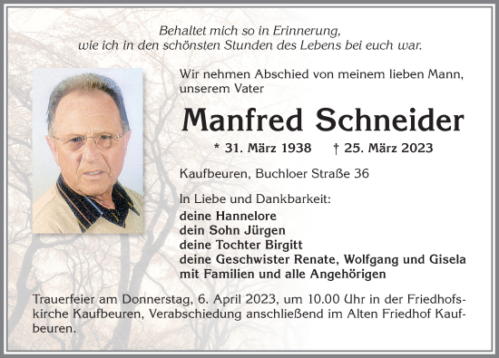 Traueranzeige von Manfred Schneider von Allgäuer Zeitung, Kaufbeuren/Buchloe