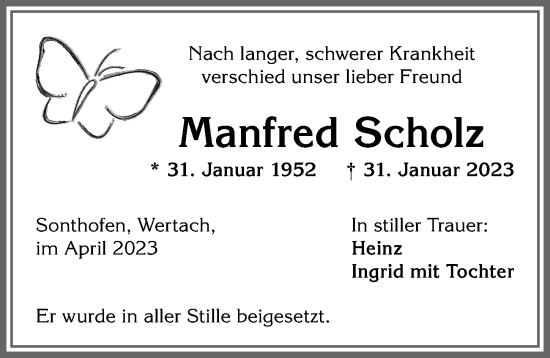Traueranzeige von Manfred Scholz von Allgäuer Anzeigeblatt
