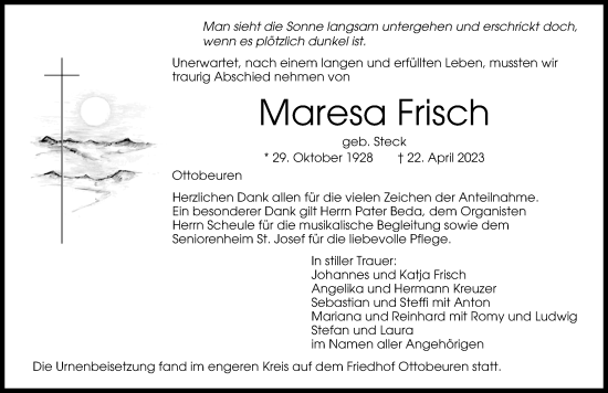 Traueranzeige von Maresa Frisch von Memminger Zeitung