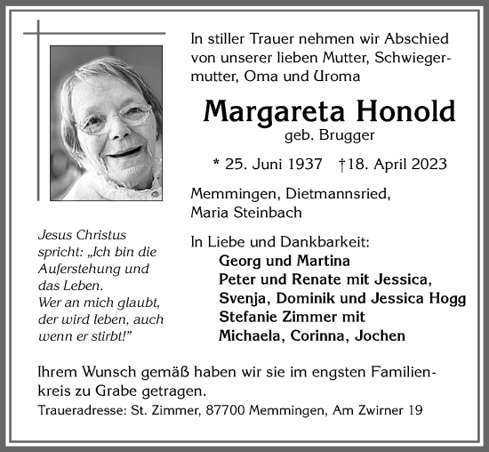 Traueranzeige von Margareta Honold von Memminger Zeitung