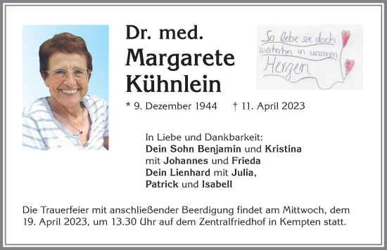 Traueranzeige von Margarete Kühnlein von Allgäuer Zeitung,Kempten