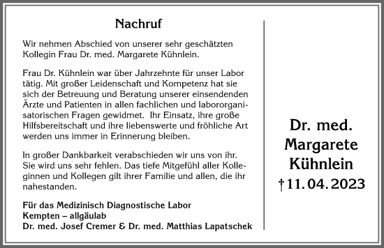 Traueranzeige von Margarete Kühnlein von Allgäuer Zeitung,Kempten