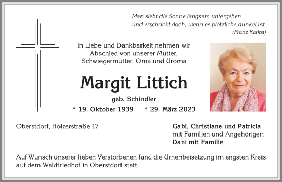 Traueranzeige von Margit Littich von Allgäuer Anzeigeblatt