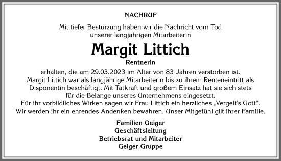 Traueranzeige von Margit Littich von Allgäuer Zeitung, Marktoberdorf