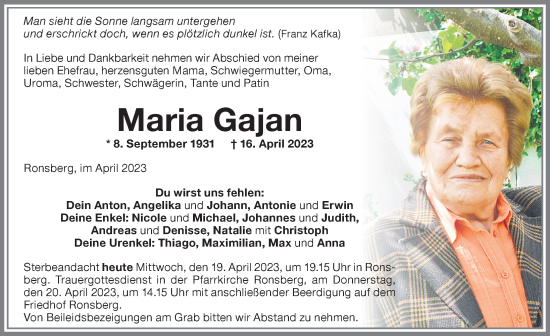 Traueranzeige von Maria Gajan von Allgäuer Zeitung, Marktoberdorf