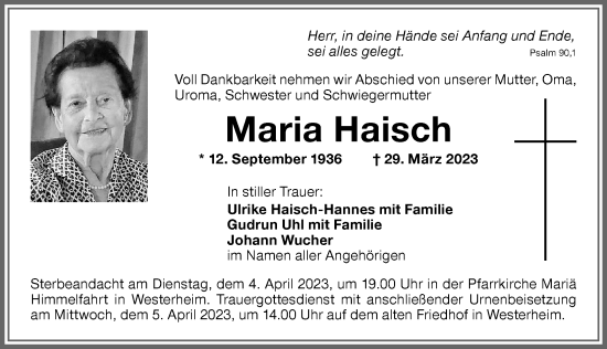 Traueranzeige von Maria Haisch von Memminger Zeitung