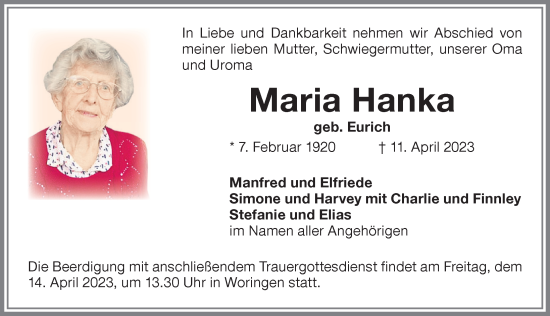 Traueranzeige von Maria Hanka von Memminger Zeitung