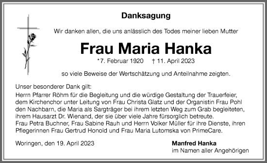 Traueranzeige von Maria Hanka von Memminger Zeitung