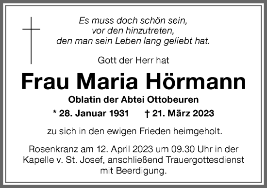 Traueranzeige von Maria Hörmann von Memminger Zeitung