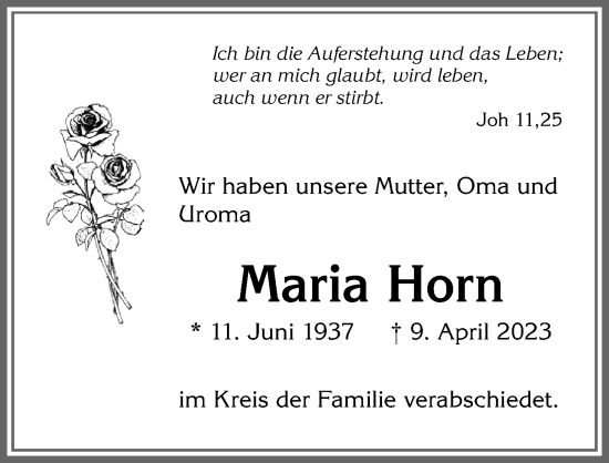 Traueranzeige von Maria Horn von Allgäuer Zeitung,Kempten