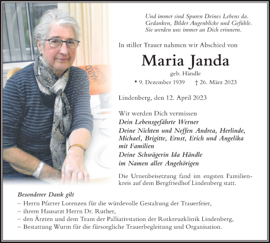 Traueranzeige von Maria Janda von Der Westallgäuer