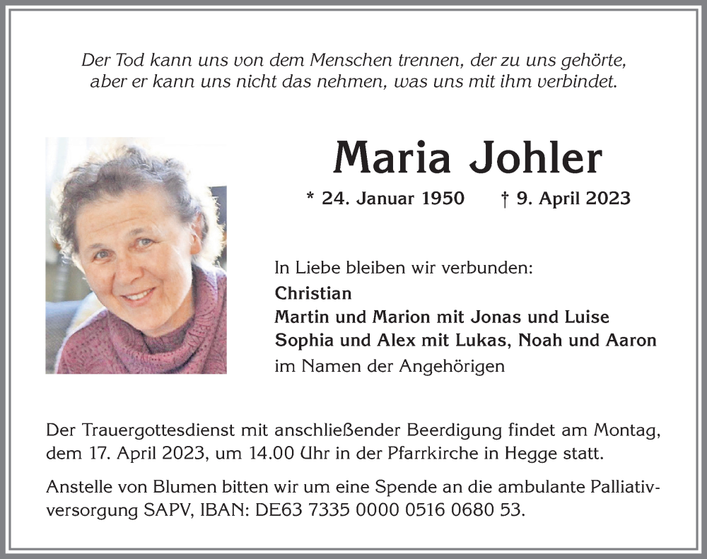  Traueranzeige für Maria Johler vom 12.04.2023 aus Allgäuer Anzeigeblatt