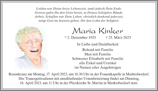 Traueranzeige von Maria Kinker von Allgäuer Zeitung, Marktoberdorf