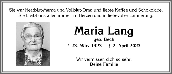 Traueranzeige von Maria Lang von Allgäuer Zeitung, Kaufbeuren/Buchloe
