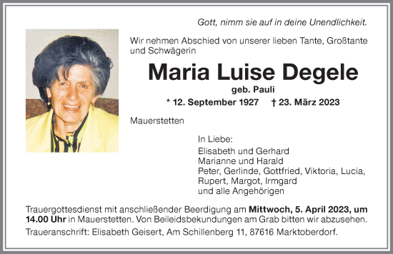 Traueranzeige von Maria Luise Degele von Allgäuer Zeitung, Kaufbeuren/Buchloe