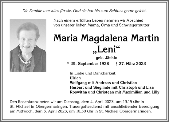 Traueranzeige von Maria Magdalena Martin von Allgäuer Zeitung, Kaufbeuren/Buchloe