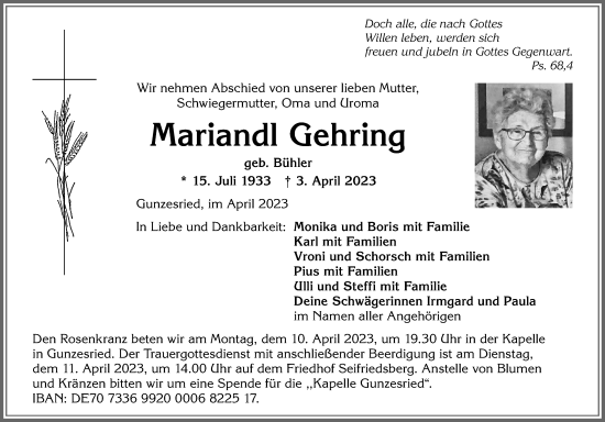 Traueranzeige von Mariandl Gehring von Allgäuer Anzeigeblatt