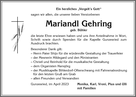 Traueranzeige von Mariandl Gehring von Allgäuer Anzeigeblatt