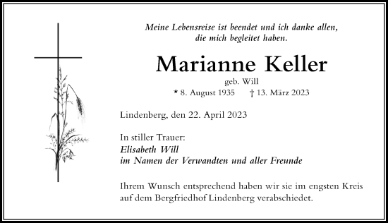 Traueranzeige von Marianne Keller von Der Westallgäuer