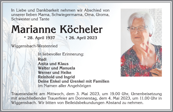 Traueranzeige von Marianne Köcheler von Allgäuer Zeitung,Kempten