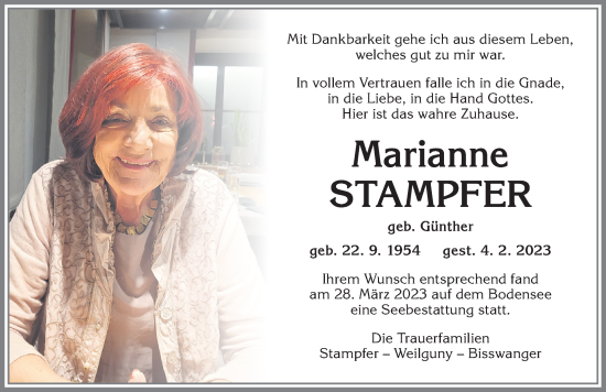 Traueranzeige von Marianne Stampfer von Allgäuer Zeitung,Kempten