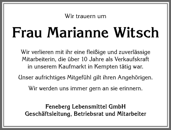 Traueranzeige von Marianne Witsch von Allgäuer Anzeigeblatt