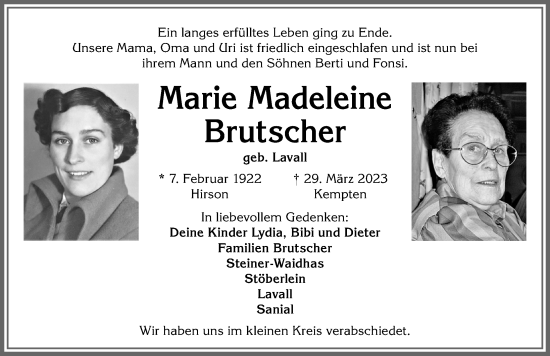 Traueranzeige von Marie Madeleine von Allgäuer Zeitung,Kempten