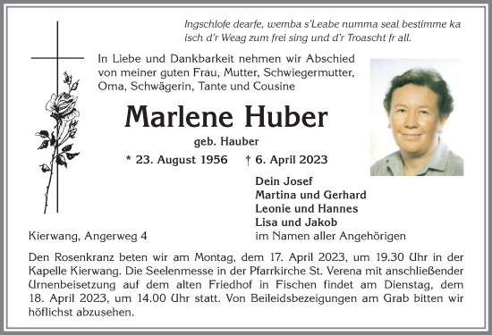 Traueranzeige von Marlene Huber von Allgäuer Anzeigeblatt