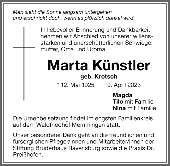 Traueranzeige von Marta Künstler von Memminger Zeitung
