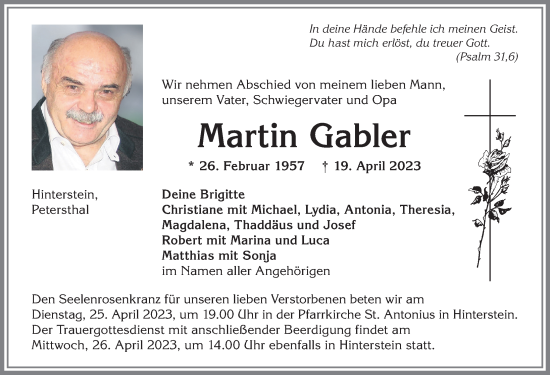 Traueranzeige von Martin Gabler von Allgäuer Zeitung,Kempten