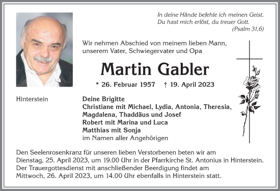 Traueranzeige von Martin Gabler von Allgäuer Anzeigeblatt