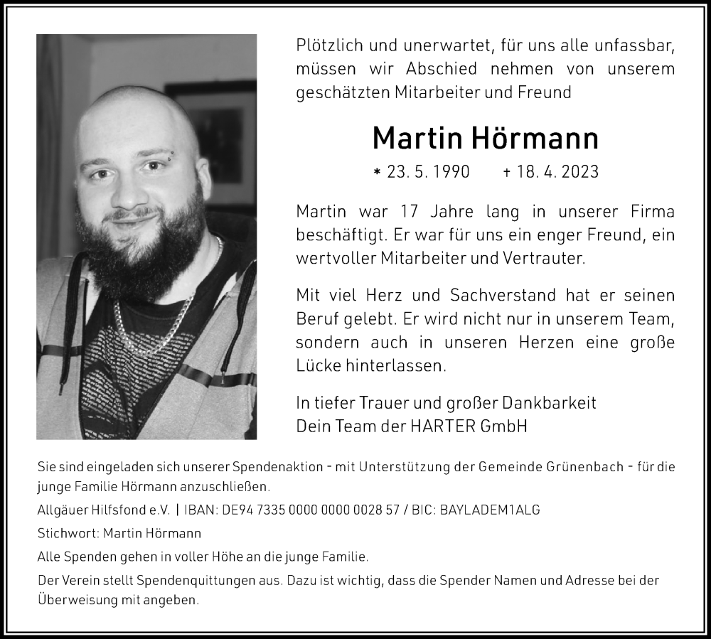  Traueranzeige für Martin Hörmann vom 25.04.2023 aus Der Westallgäuer