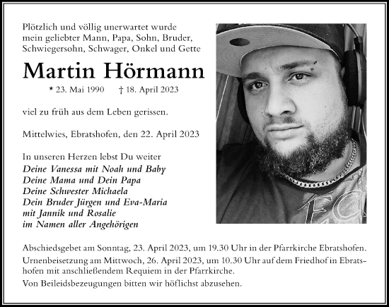 Traueranzeige von Martin Hörmann von Der Westallgäuer