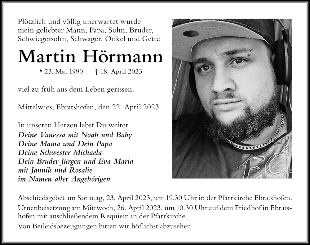  Traueranzeige für Martin Hörmann vom 22.04.2023 aus Der Westallgäuer