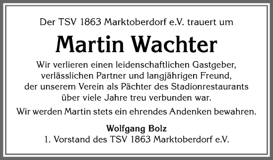 Traueranzeige von Martin Wachter von Allgäuer Zeitung, Marktoberdorf
