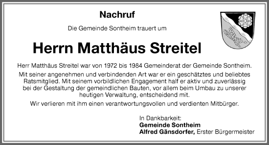 Traueranzeige von Matthäus Streitel von Memminger Zeitung