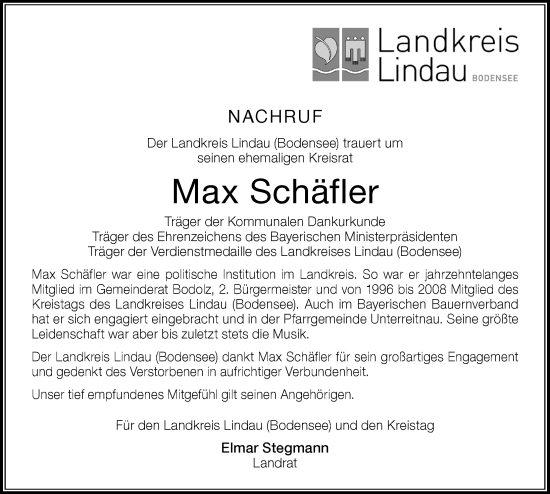 Traueranzeige von Max Schäfler von Der Westallgäuer