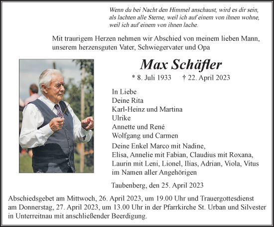 Traueranzeige von Max Schäfler von Der Westallgäuer