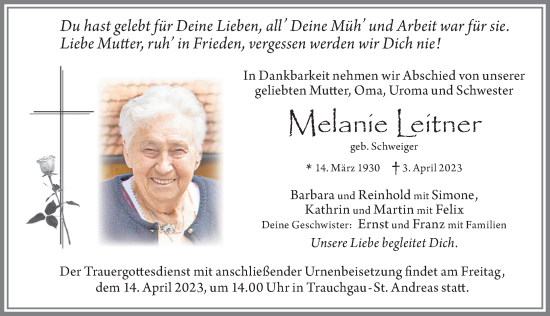 Traueranzeige von Melanie Leitner von Allgäuer Zeitung, Füssen