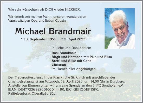Traueranzeige von Michael Brandmair von Allgäuer Anzeigeblatt