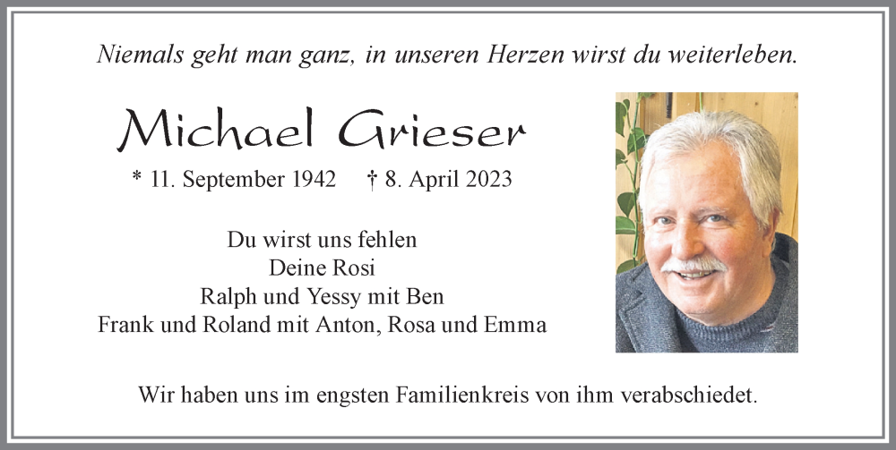  Traueranzeige für Michael Grieser vom 22.04.2023 aus Allgäuer Zeitung, Füssen