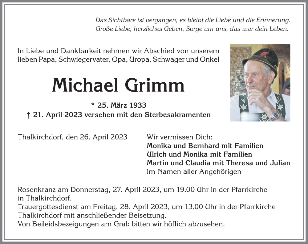  Traueranzeige für Michael Grimm vom 26.04.2023 aus Allgäuer Anzeigeblatt