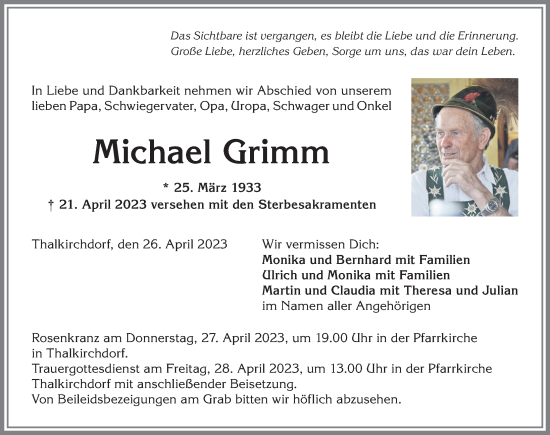 Traueranzeige von Michael Grimm von Allgäuer Anzeigeblatt
