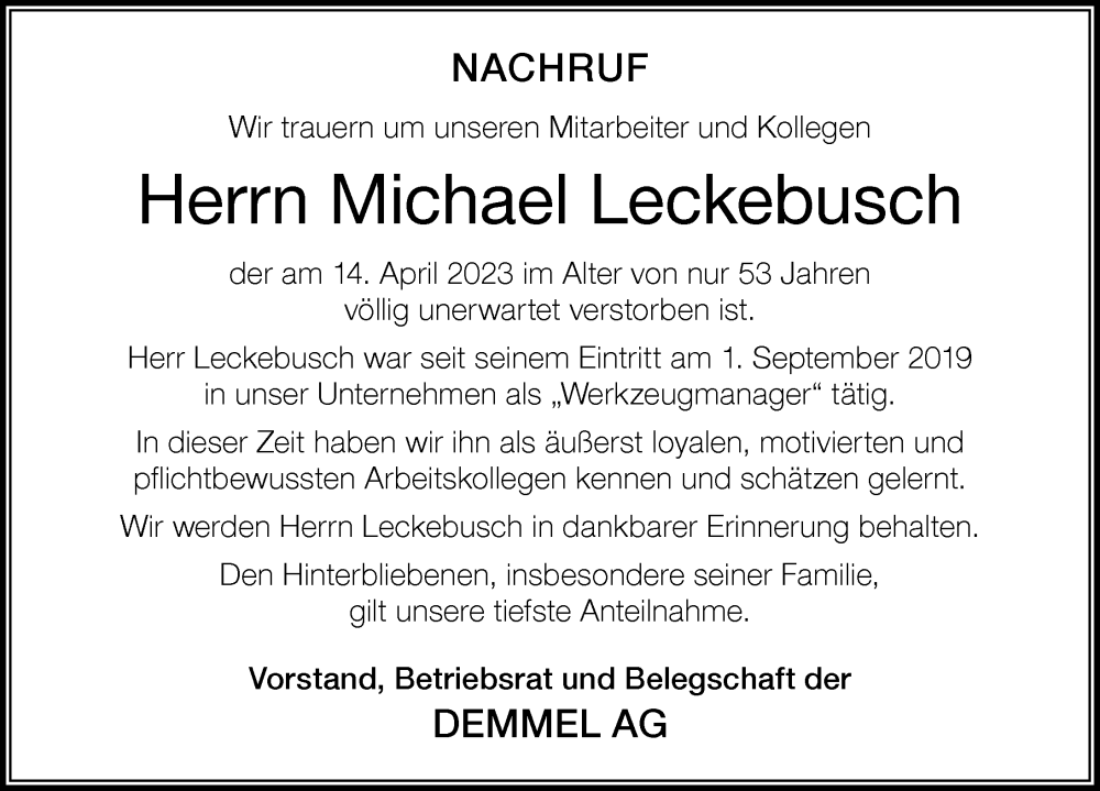  Traueranzeige für Michael Leckebusch vom 29.04.2023 aus Der Westallgäuer
