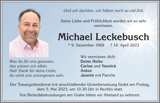 Traueranzeige von Michael Leckebusch von Der Westallgäuer