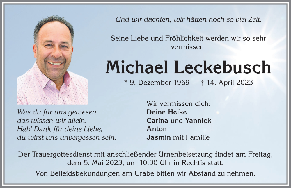  Traueranzeige für Michael Leckebusch vom 29.04.2023 aus Der Westallgäuer