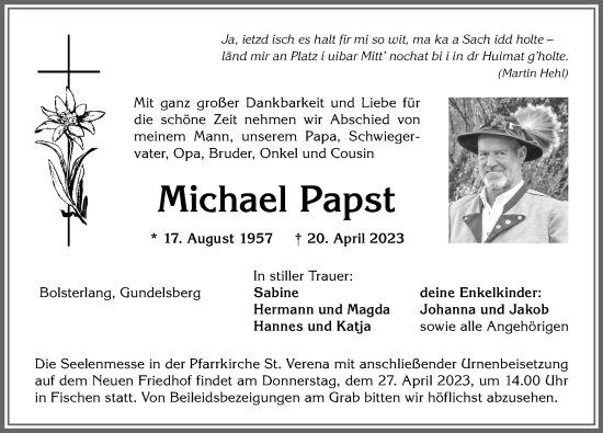 Traueranzeige von Michael Papst von Allgäuer Anzeigeblatt
