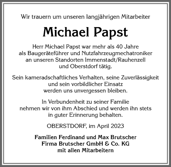 Traueranzeige von Michael Papst von Allgäuer Anzeigeblatt