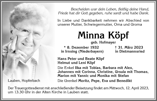 Traueranzeige von Minna Köpf von Allgäuer Zeitung,Kempten