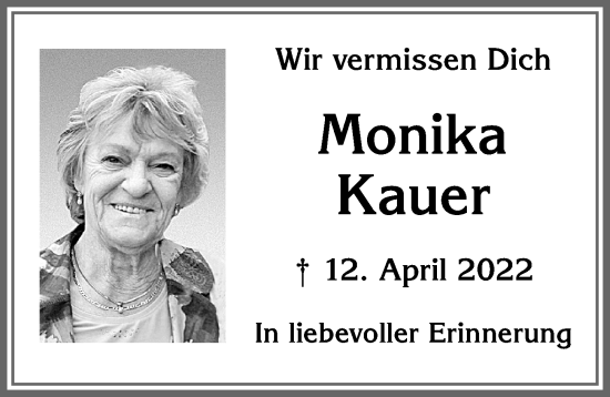 Traueranzeige von Monika Kauer von Allgäuer Zeitung, Kaufbeuren/Buchloe